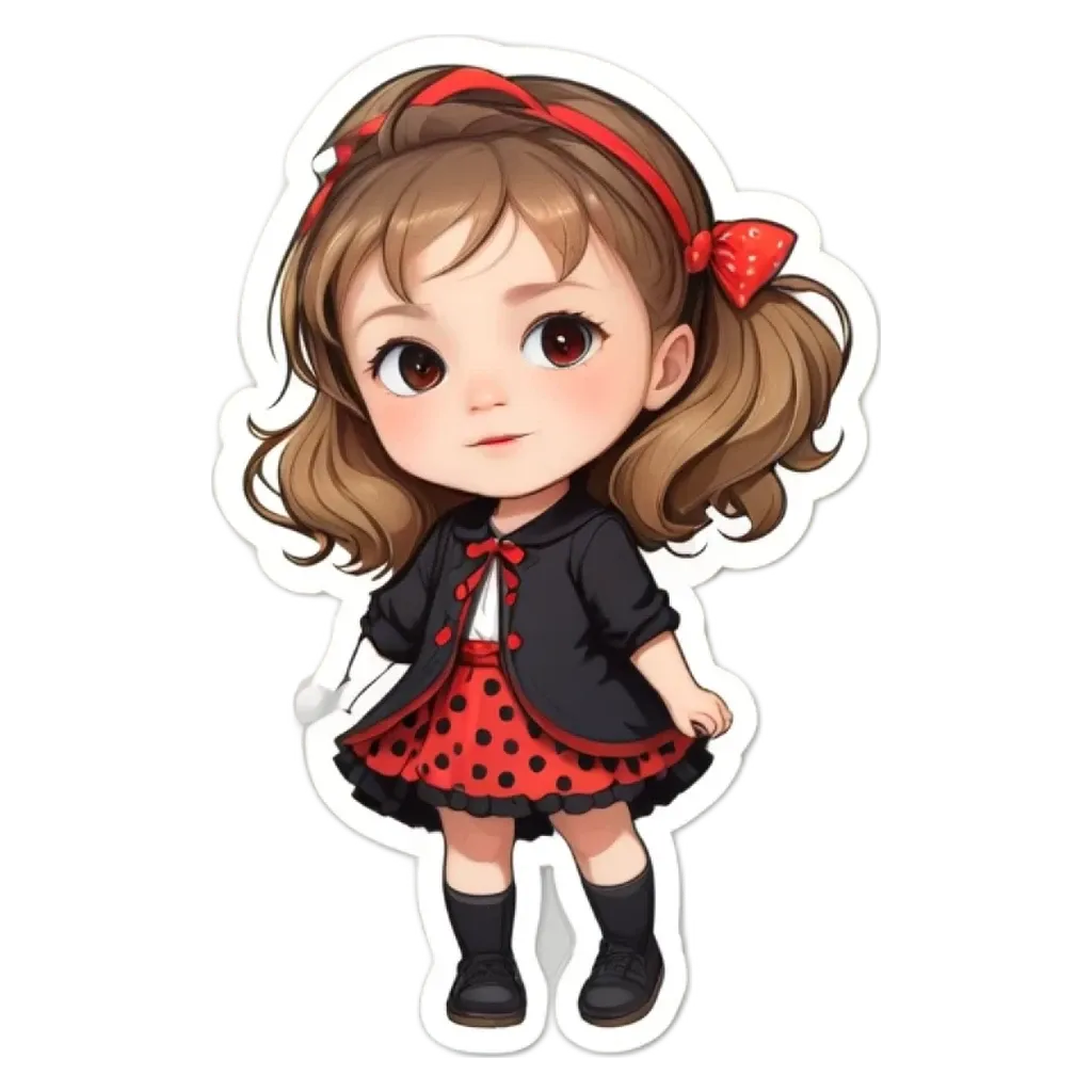A cartoon girl wearing a black jacket and red skirt.