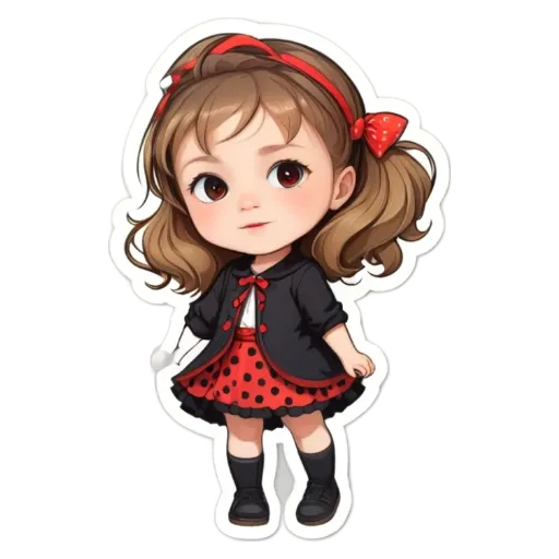 A cartoon girl wearing a black jacket and red skirt.