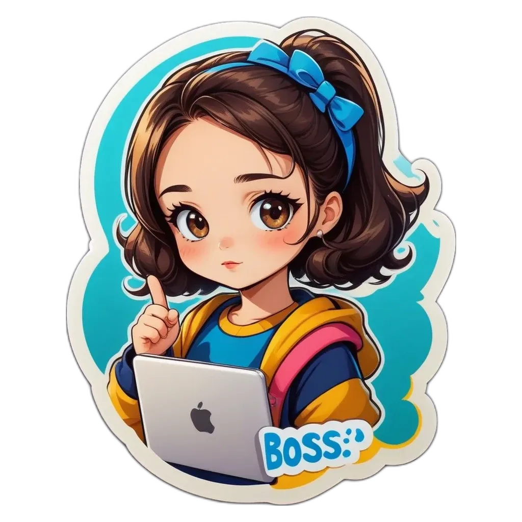A girl with a laptop in her hand that says 'Boss' on it.