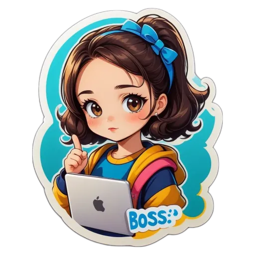 A girl with a laptop in her hand that says 'Boss' on it.
