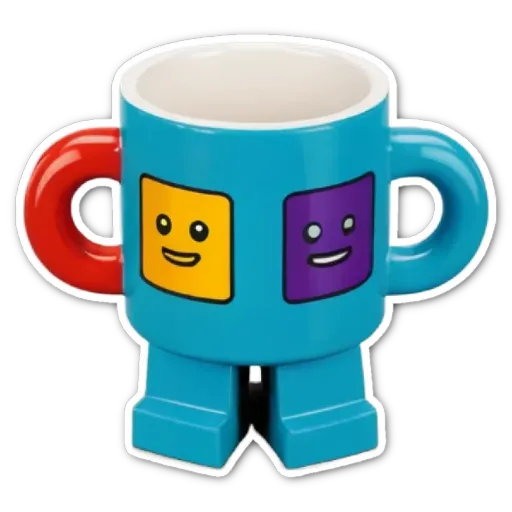 A blue cup with two faces and legos on it.