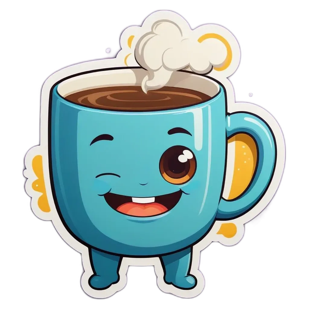 A blue coffee cup with a cartoon character on it.