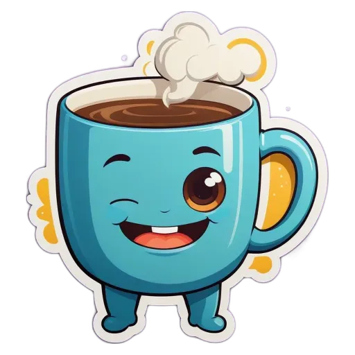 A blue coffee cup with a cartoon character on it.