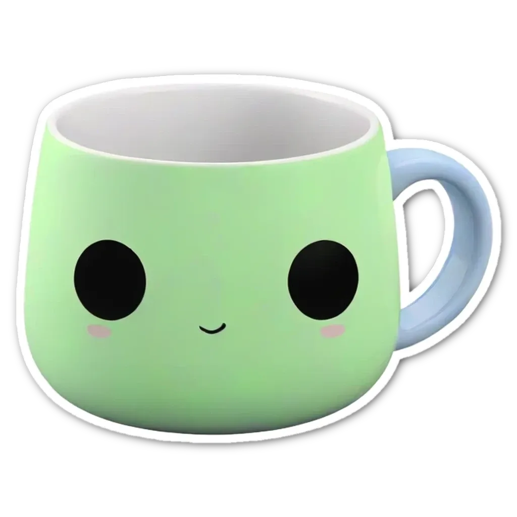 A green mug with blue handles that has a face on it.