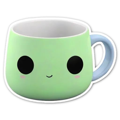 A green mug with blue handles that has a face on it.