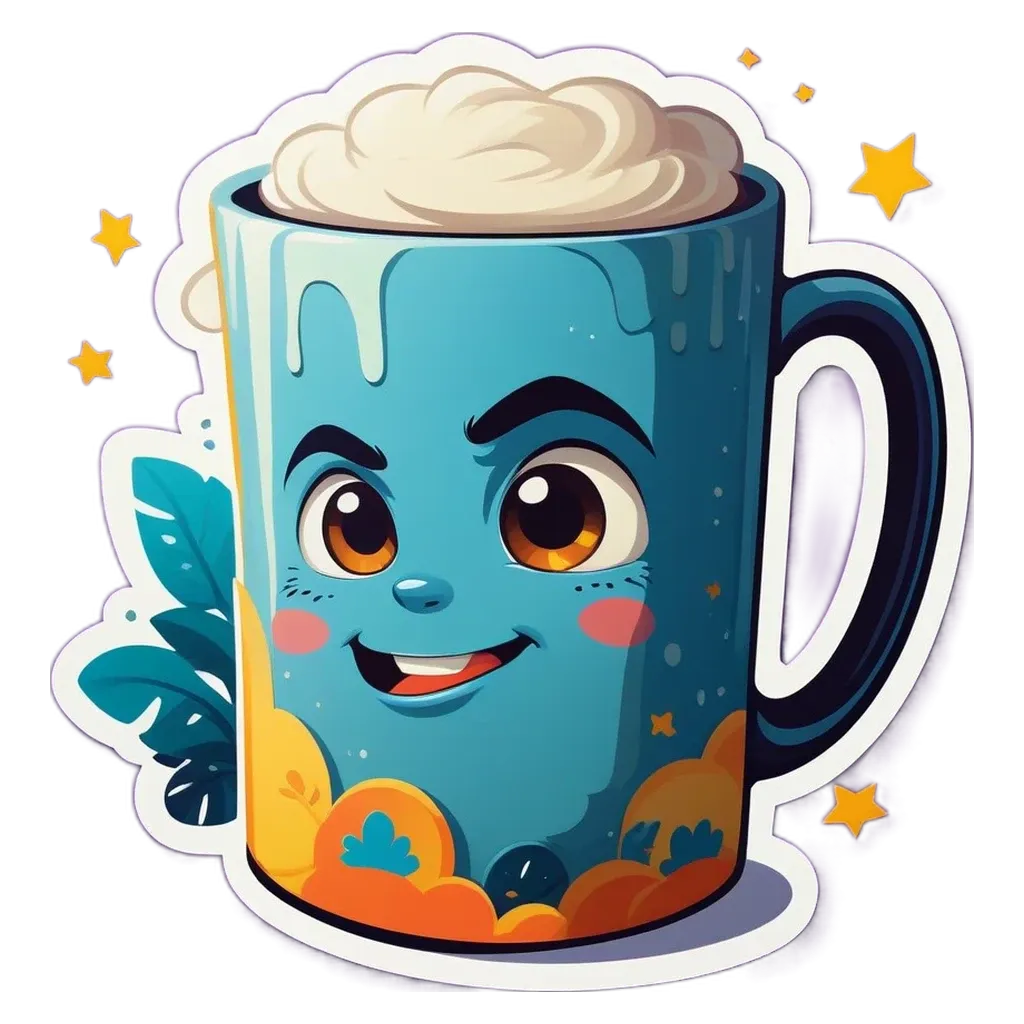 A blue mug with a cute face on it.