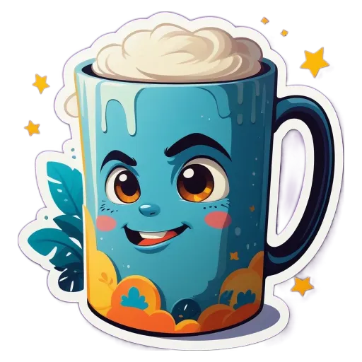A blue mug with a cute face on it.