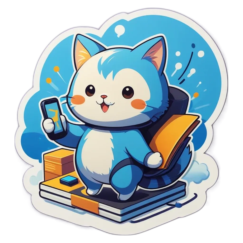 A blue cat holding a cell phone in its paw is on a black background.