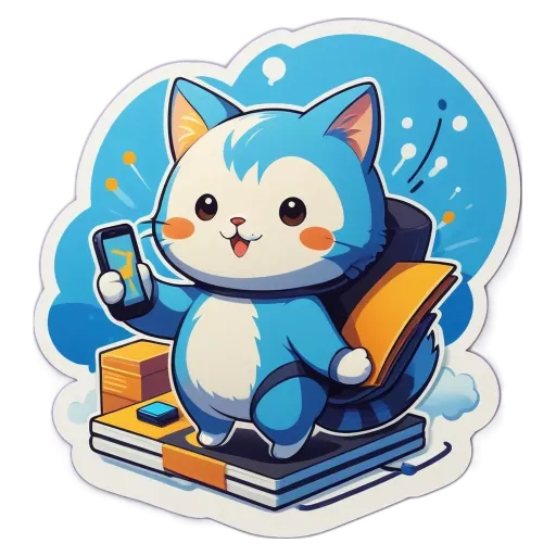 A blue cat holding a cell phone in its paw is on a black background.