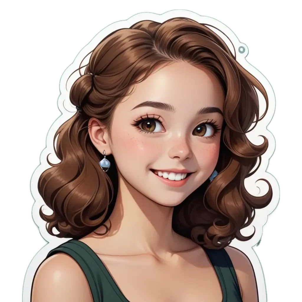 A sticker of a girl with curly hair and a big smile.