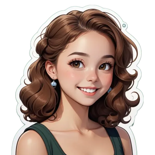 A sticker of a girl with curly hair and a big smile.