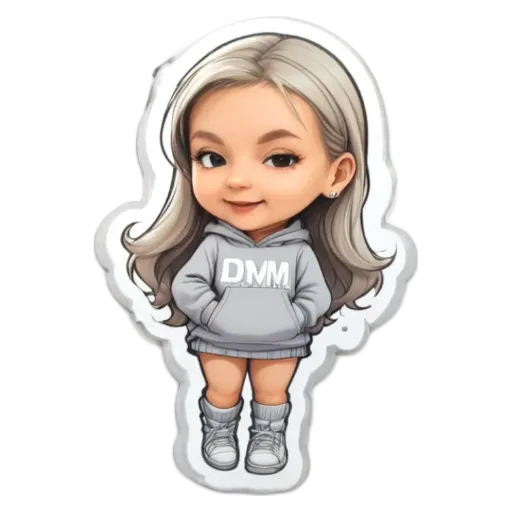 A sticker of a girl with the letters DNM on her shirt.