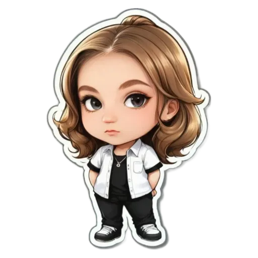 A girl with a black and white shirt and black pants that are the color nymber of the girl.