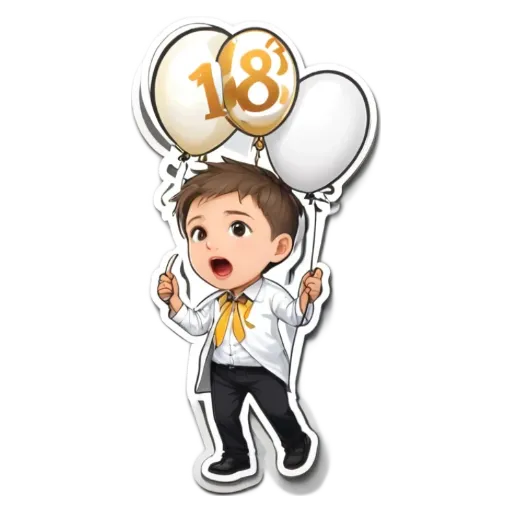 A boy wearing a white shirt and black pants holding two balloons up to his face.