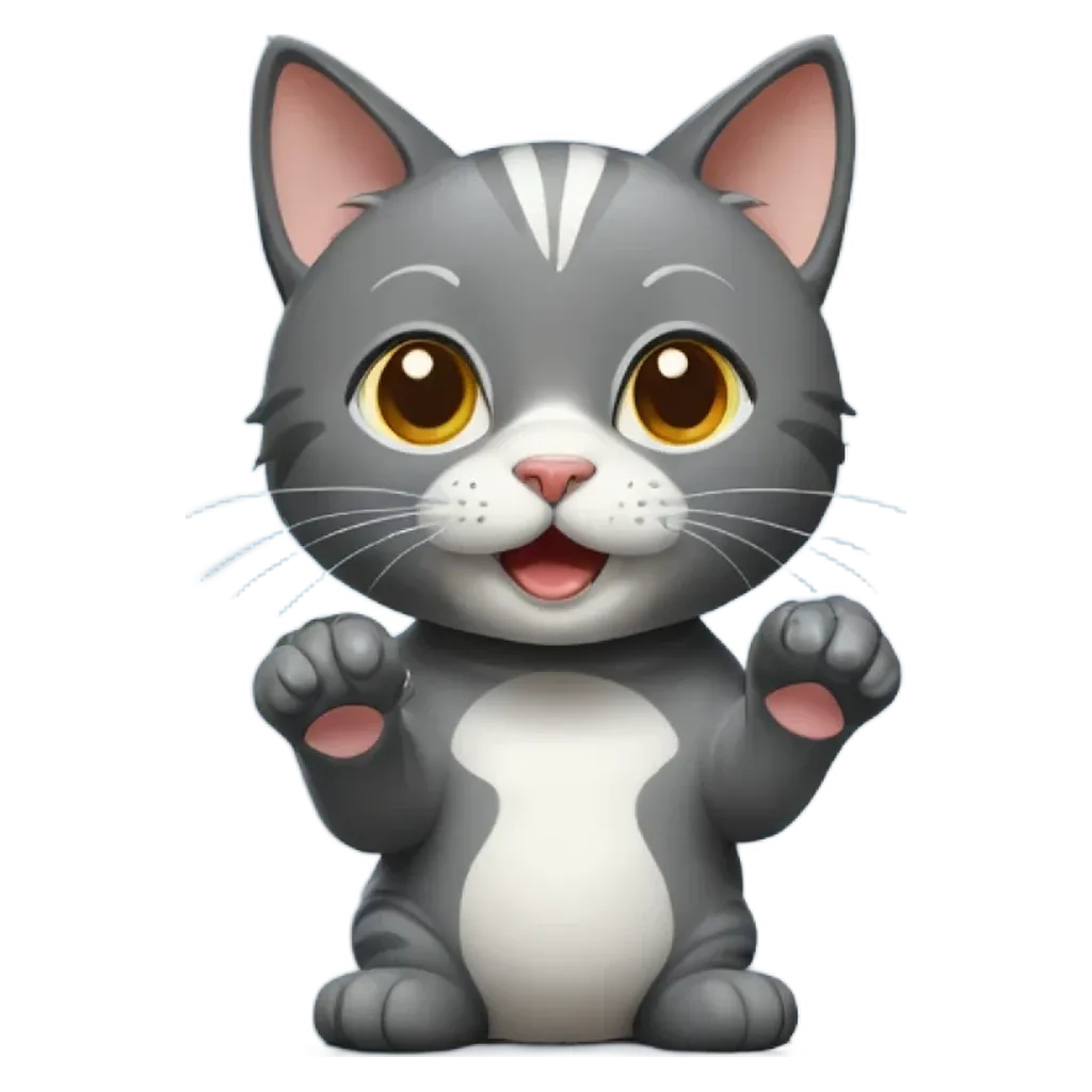 A gray and white cat is waving its paws.