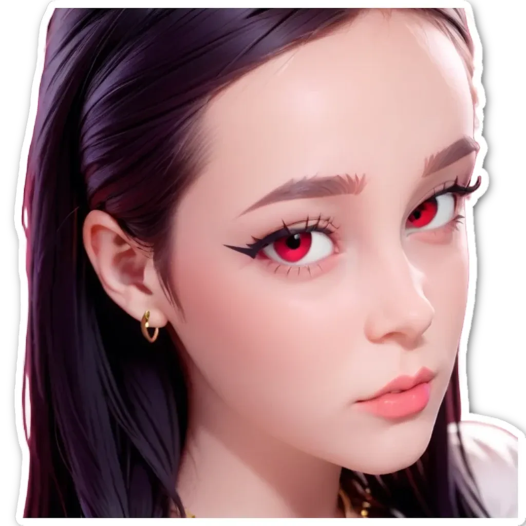 A girl with red eyes and gold hoop earrings.
