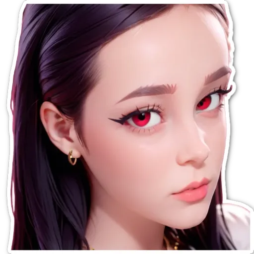 A girl with red eyes and gold hoop earrings.