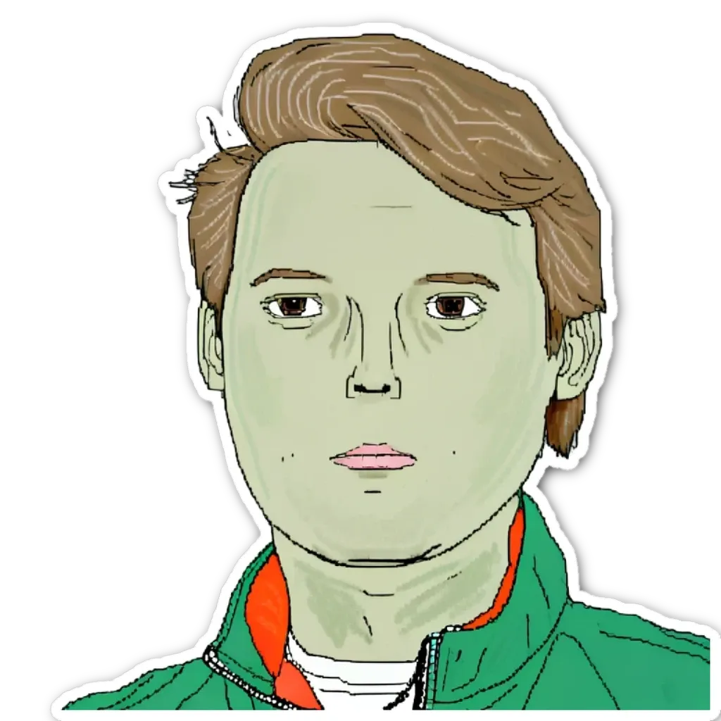 A green and orange jacket with a white face.