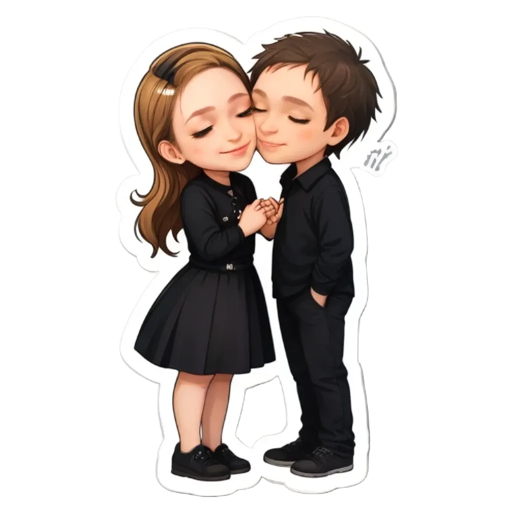 A boy and girl kissing each other in a cartoon style.