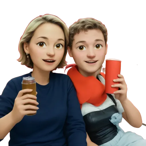 Two people sitting next to each other with drinks in their hands.