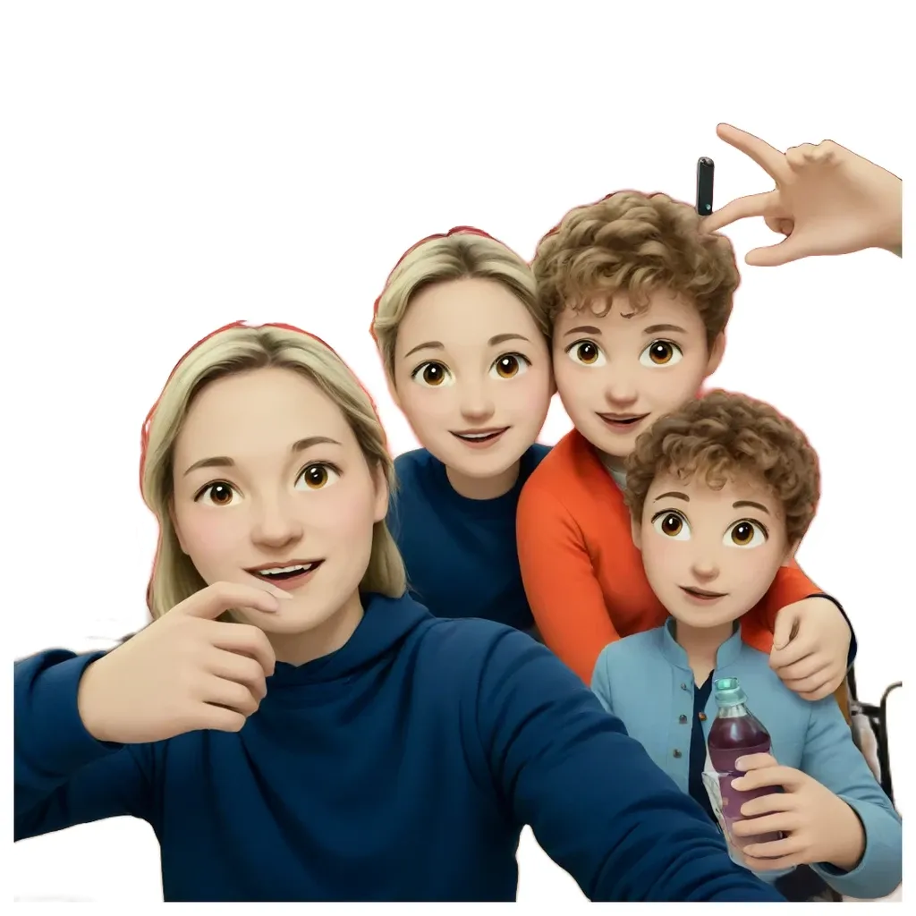 A girl is taking a picture of herself with her family using an apple phone.