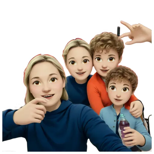 A girl is taking a picture of herself with her family using an apple phone.