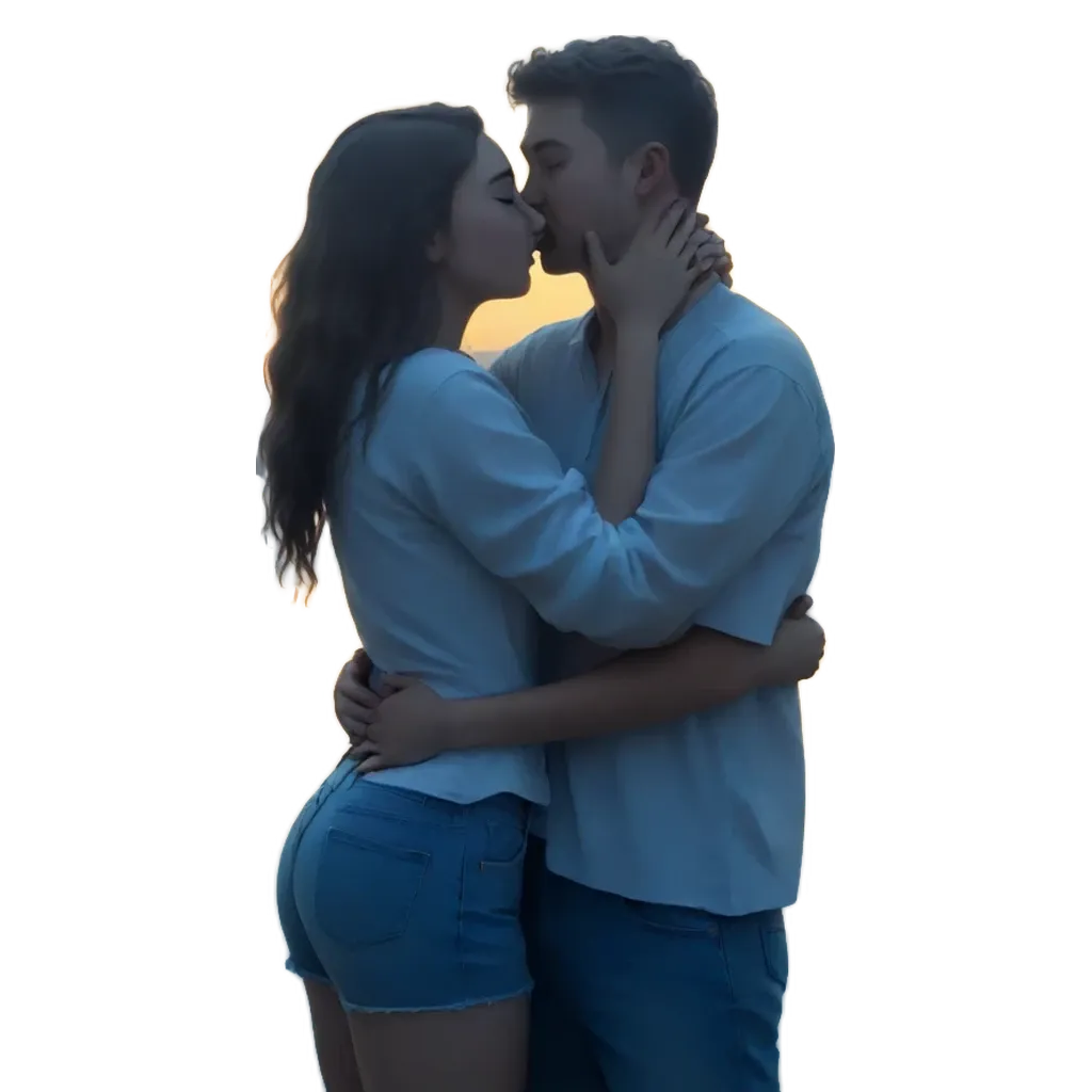 A man and woman kissing on a sunset background.