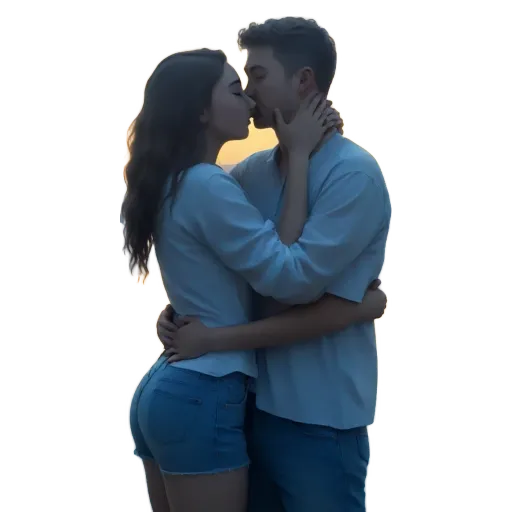 A man and woman kissing on a sunset background.