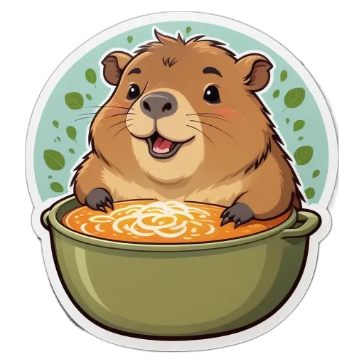 A sticker of a animal in a bowl of soup.