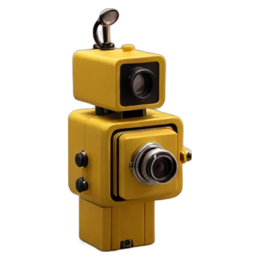 A yellow camera that is very old and has a black and white filter.