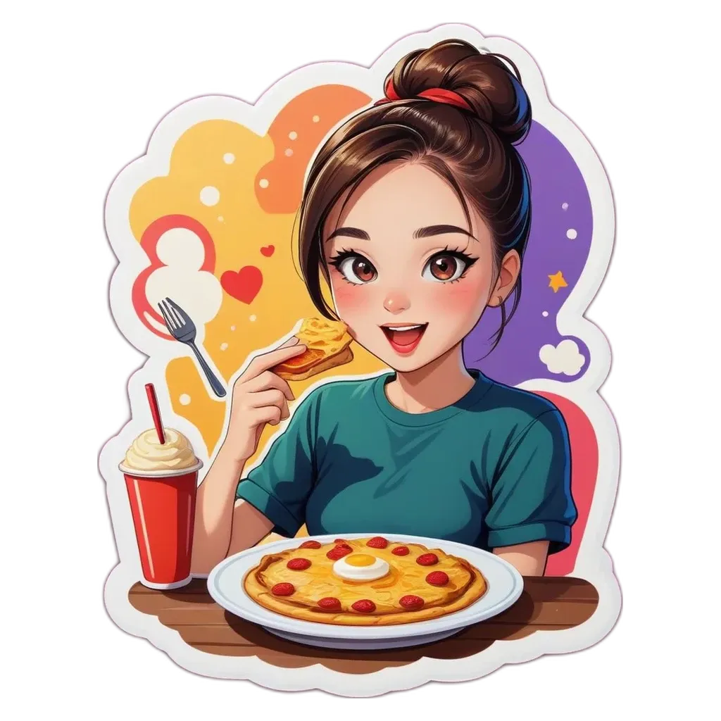 A girl eating pizza with a heart for the camera.