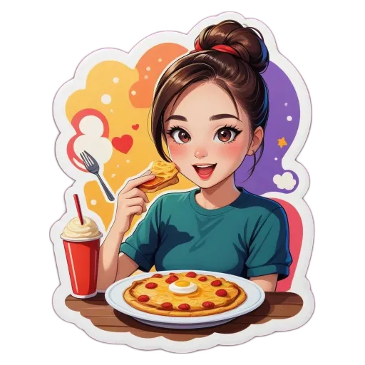 A girl eating pizza with a heart for the camera.