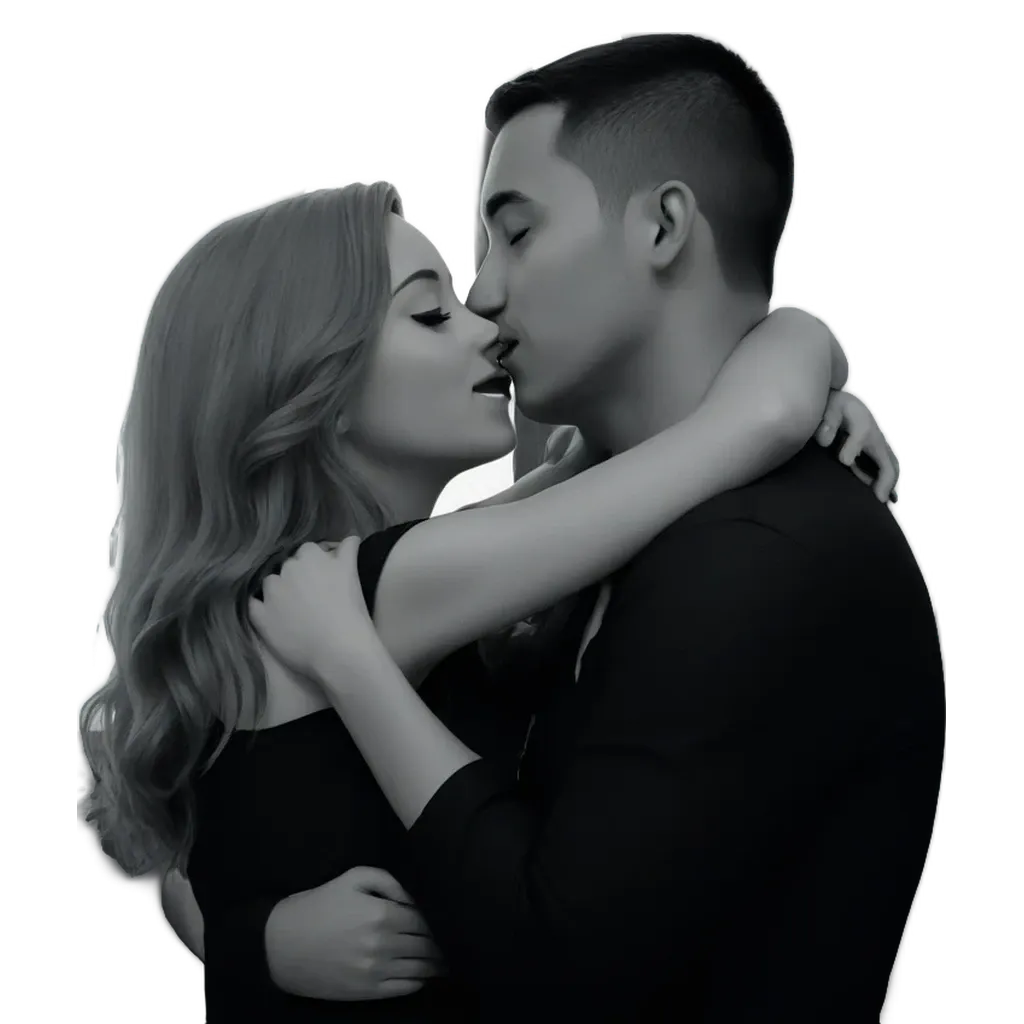 A kissing couple that is black and white.