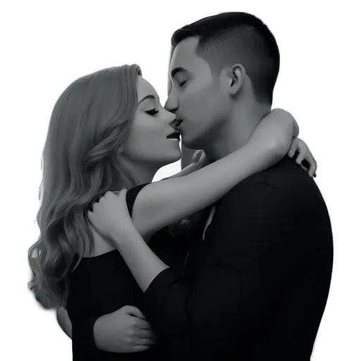 A kissing couple that is black and white.