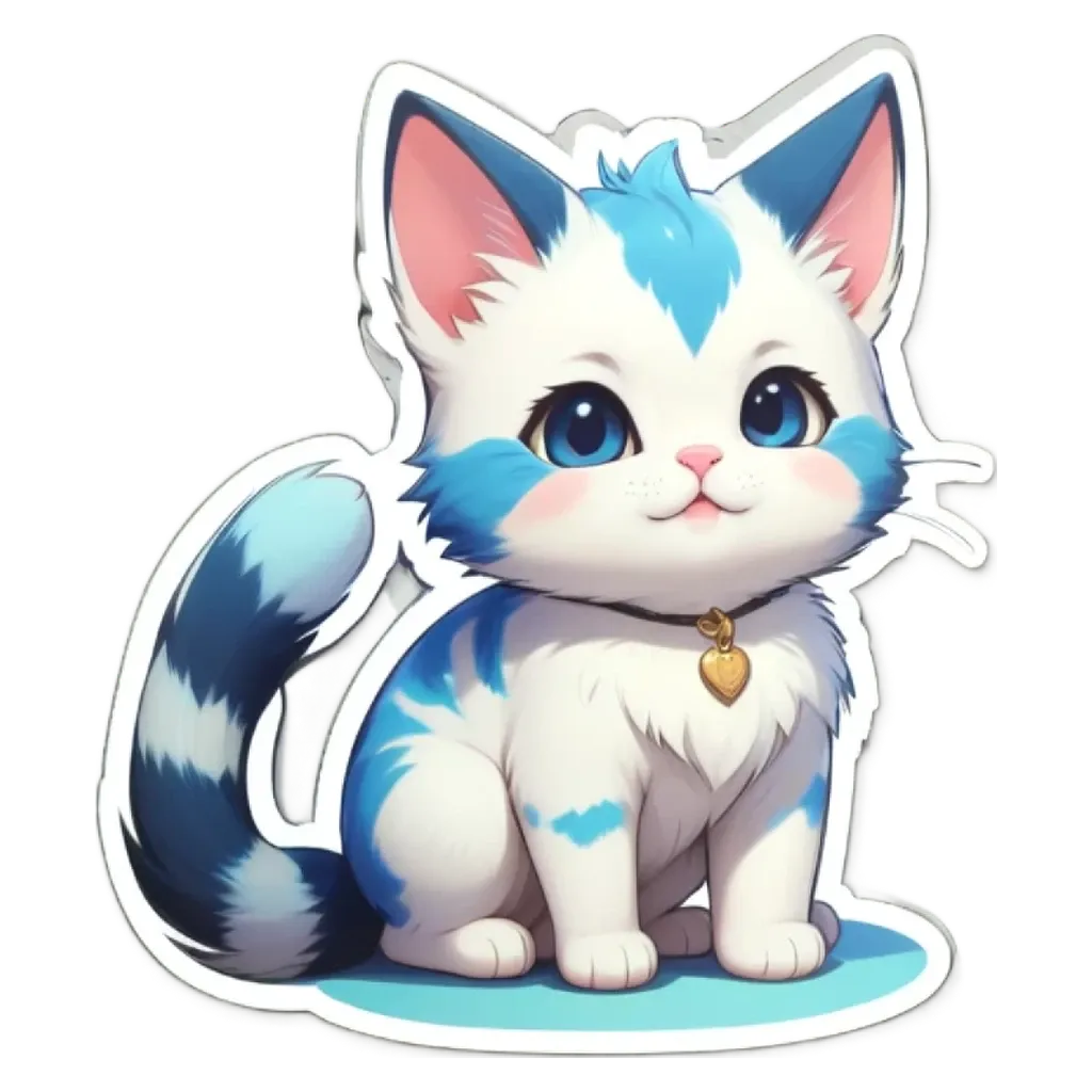 A cartoon cat with blue eyes is sitting on a blue and white background.