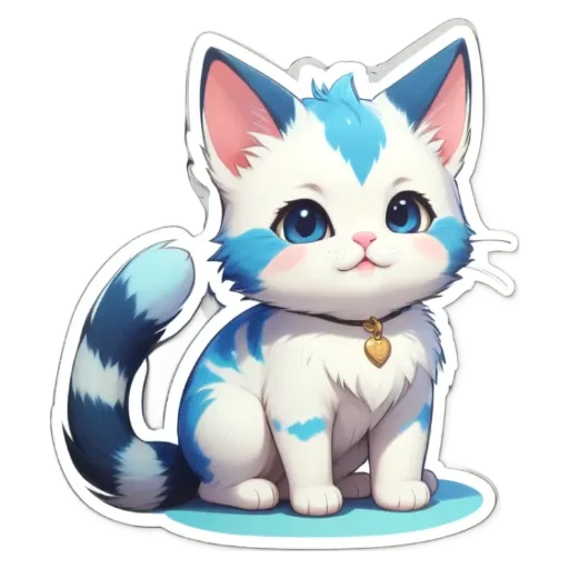 A cartoon cat with blue eyes is sitting on a blue and white background.