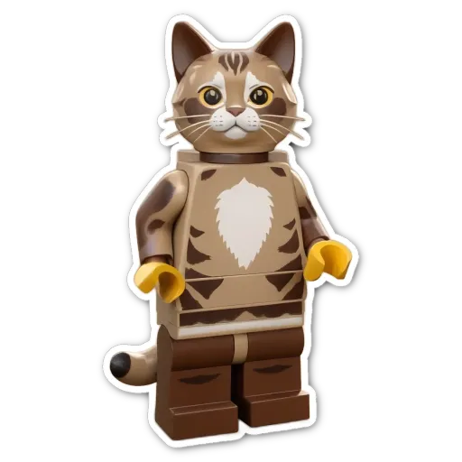 A brown and white lego cat on a black background.