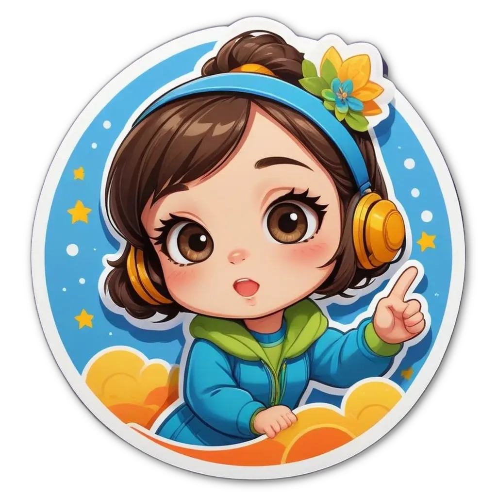 A girl wearing headphones pointing to the sky.