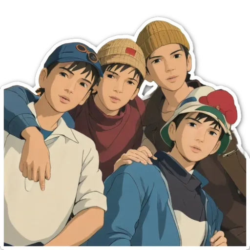 Four boys wearing hats are standing close to each other.