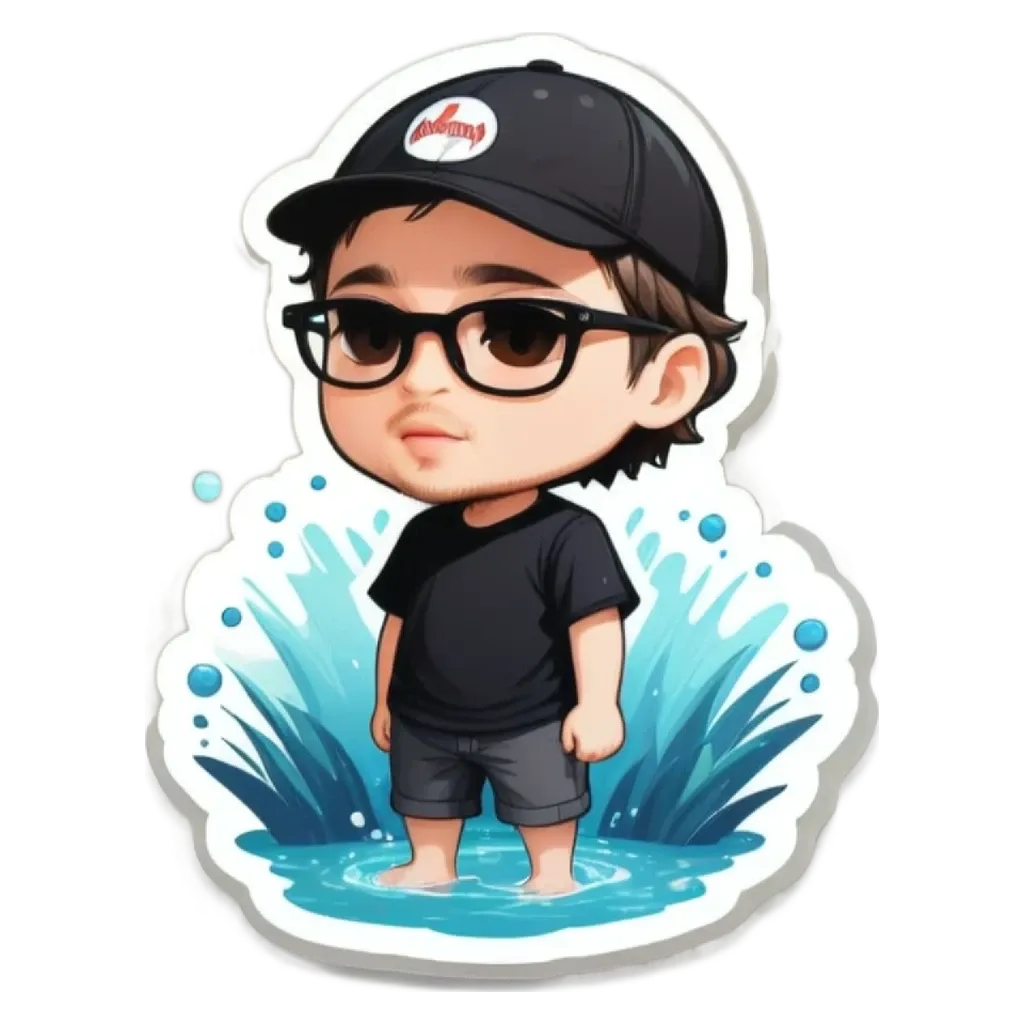 A boy wearing glasses is standing in water with a splash effect.