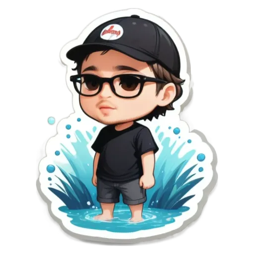 A boy wearing glasses is standing in water with a splash effect.