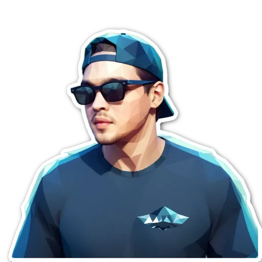 A man wearing a blue shirt with a logo on it.