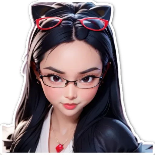 A girl wearing cat ears and glasses on a black and white background.