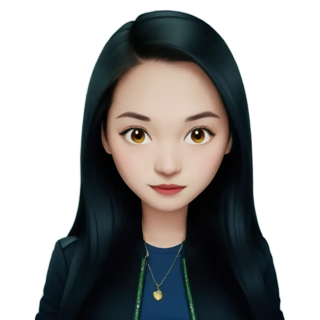 A black and blue character that looks like she is smiling.