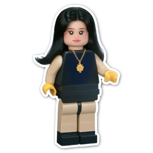 A black and white lego girl with a gold necklace.