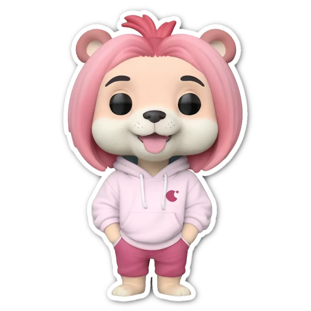 A sticker of a toy that is pink and has a hoodie and pants on.