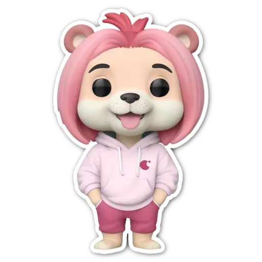 A sticker of a toy that is pink and has a hoodie and pants on.