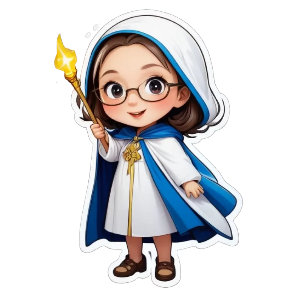 A girl wearing a blue and white robe holding a torch.