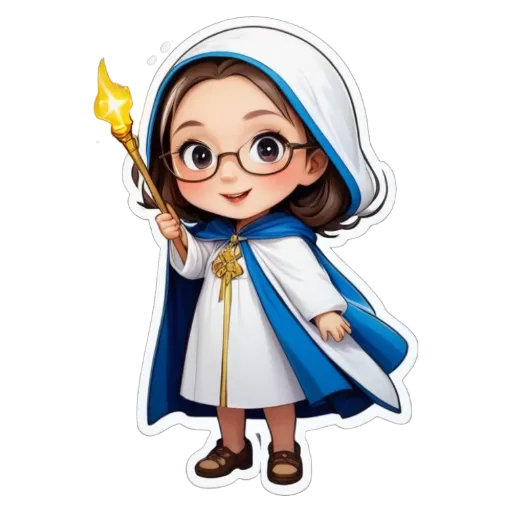 A girl wearing a blue and white robe holding a torch.