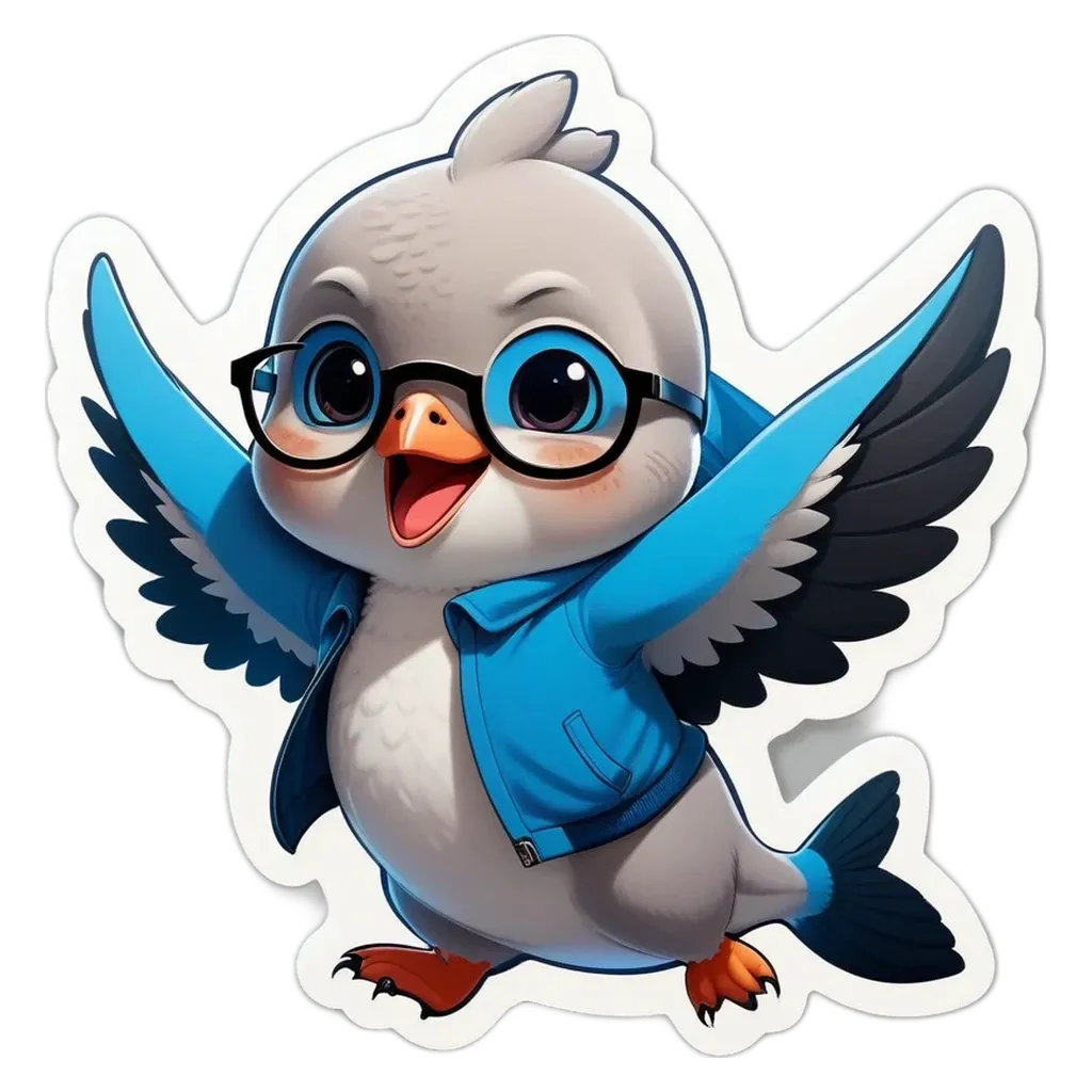 A blue and white bird wearing glasses is standing on a black background.